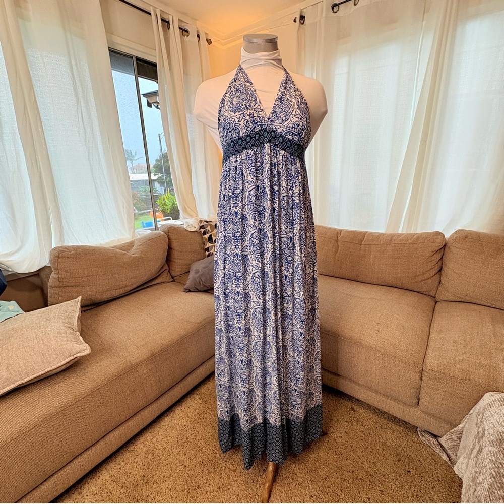Mahina Floral  Halter Blue and White Patterned Flowy Boho Maxi Dress